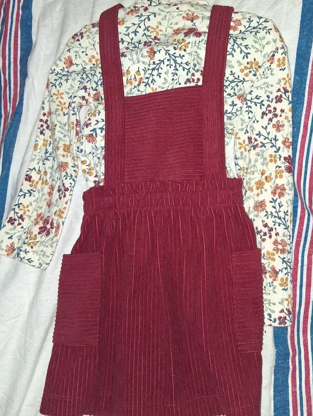Kids Corduroy Pinafore Dress in Deep Red